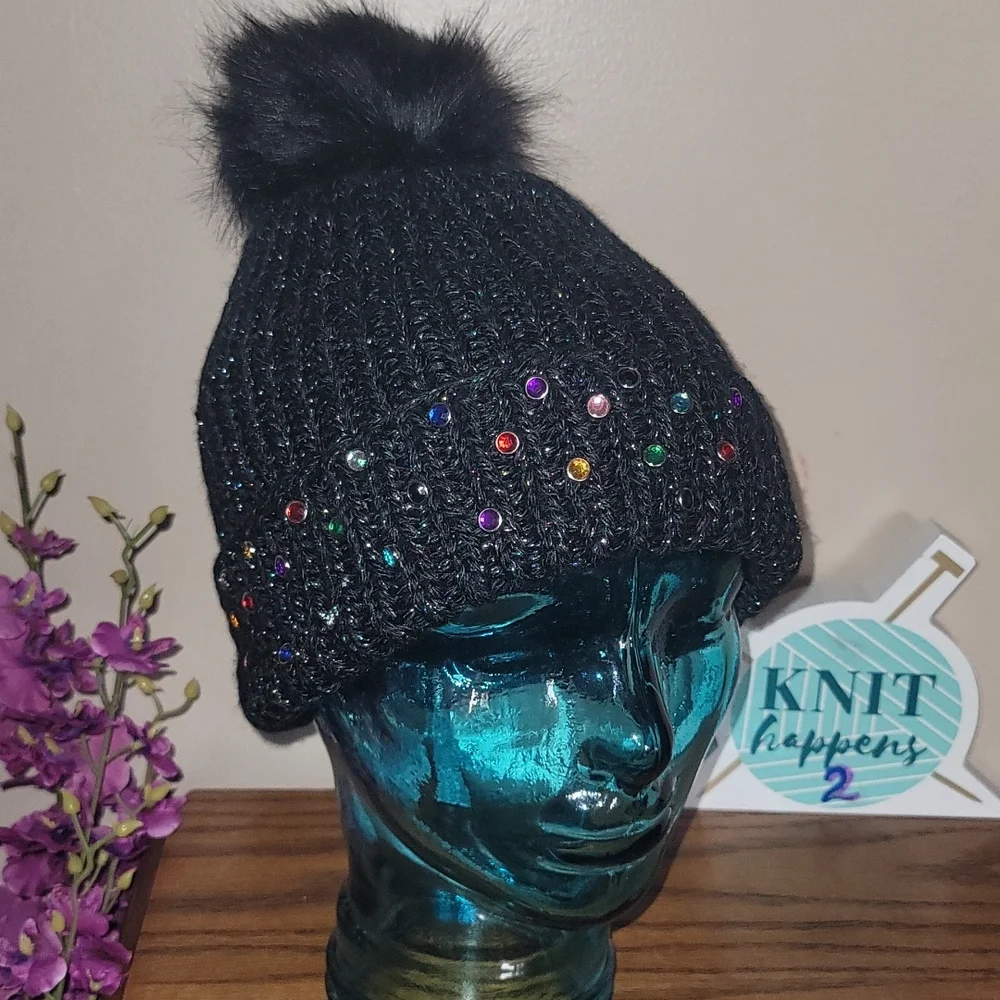 New handmade lurex yarn rhinestones pompom beanie - Picture 1 of 5